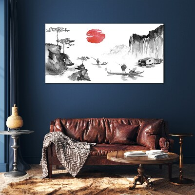 Glas foto Een vredig landschap met een zonsondergang