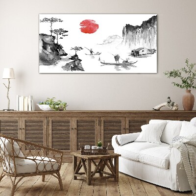 Glas foto Een vredig landschap met een zonsondergang