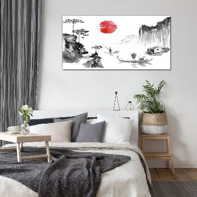 Glas foto Een vredig landschap met een zonsondergang