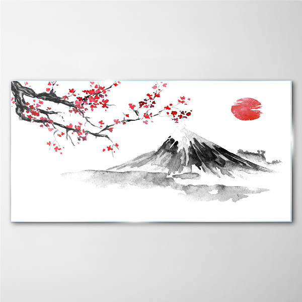 Schilderij op glas Kersenbloesem en berglandschap