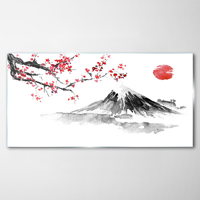 Schilderij op glas Kersenbloesem en berglandschap