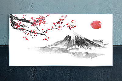 Schilderij op glas Kersenbloesem en berglandschap