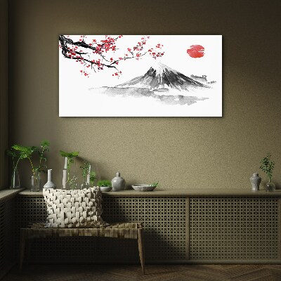 Schilderij op glas Kersenbloesem en berglandschap