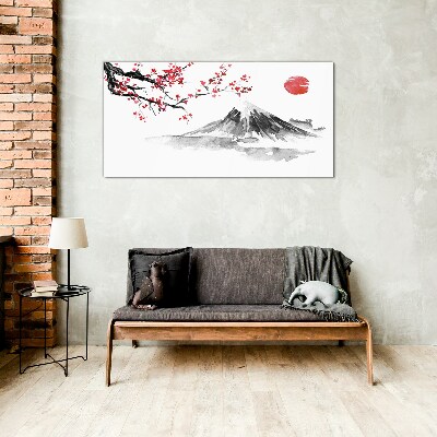 Schilderij op glas Kersenbloesem en berglandschap