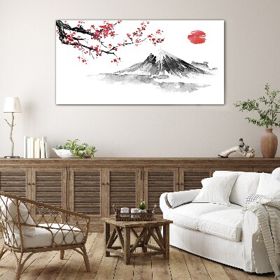 Schilderij op glas Kersenbloesem en berglandschap