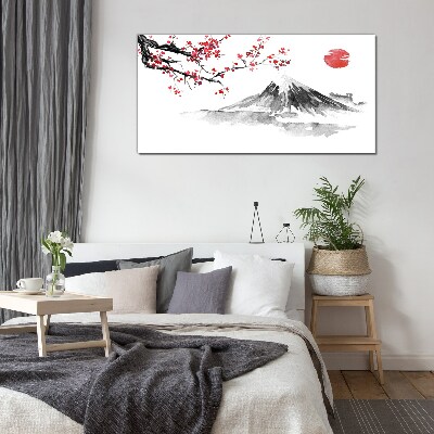 Schilderij op glas Kersenbloesem en berglandschap