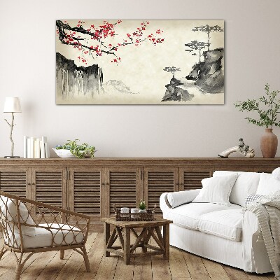 Glas foto Landschap met bloeiende takken