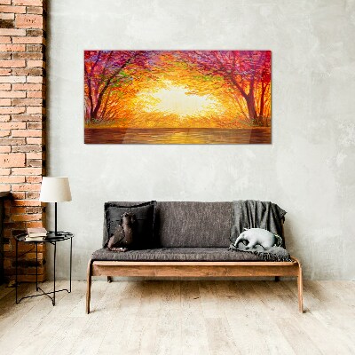 Foto op glas Zonsondergang in een kleurrijk bos