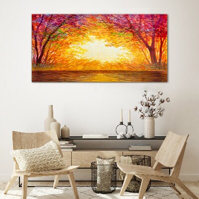 Foto op glas Zonsondergang in een kleurrijk bos