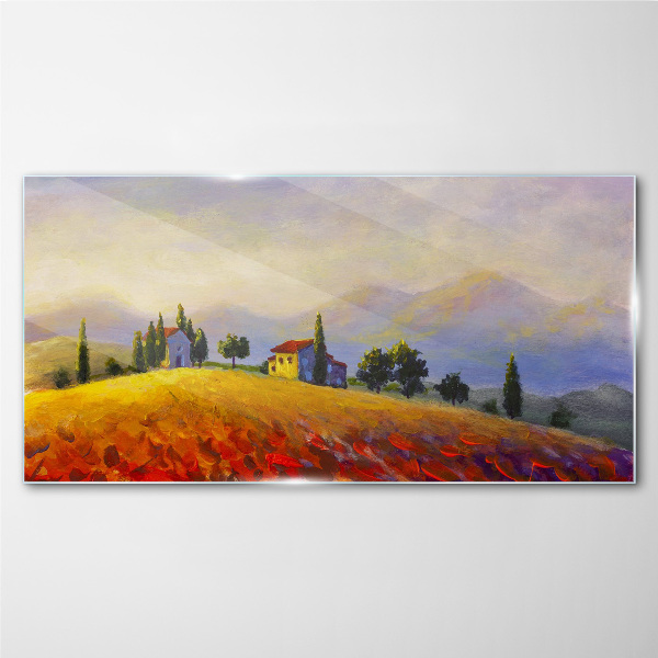 Foto op glas Zonnig landschap met huizen op een heuvel