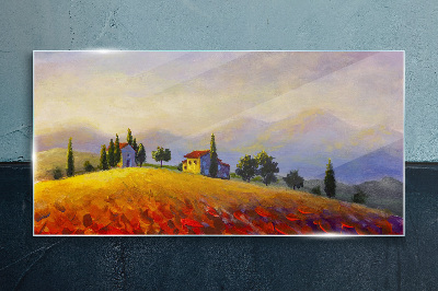 Foto op glas Zonnig landschap met huizen op een heuvel