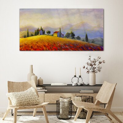 Foto op glas Zonnig landschap met huizen op een heuvel