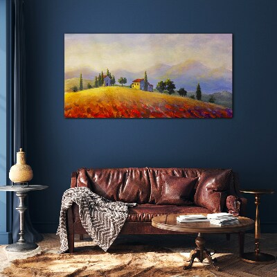 Foto op glas Zonnig landschap met huizen op een heuvel