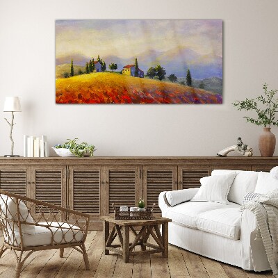 Foto op glas Zonnig landschap met huizen op een heuvel