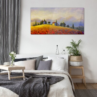 Foto op glas Zonnig landschap met huizen op een heuvel