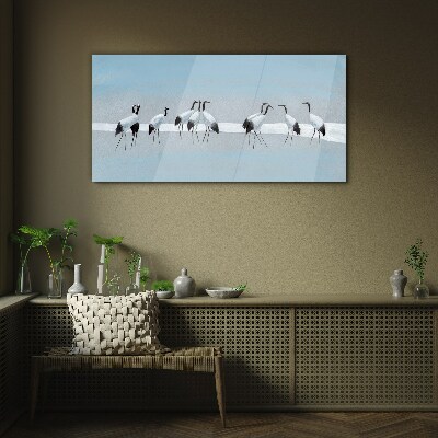 Schilderij op glas Zwermen kraanvogels op een blauwe achtergrond
