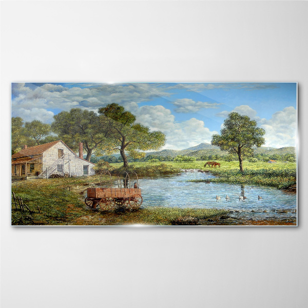 Schilderij op glas Een vredig landelijk landschap met een rivier