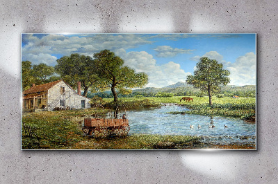 Schilderij op glas Een vredig landelijk landschap met een rivier