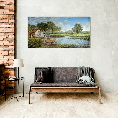 Schilderij op glas Een vredig landelijk landschap met een rivier