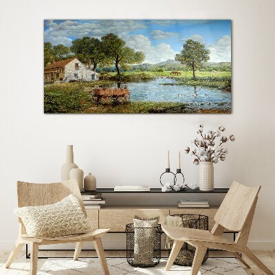 Schilderij op glas Een vredig landelijk landschap met een rivier