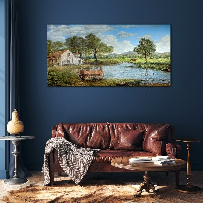 Schilderij op glas Een vredig landelijk landschap met een rivier