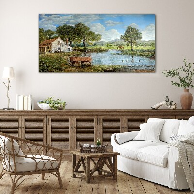 Schilderij op glas Een vredig landelijk landschap met een rivier