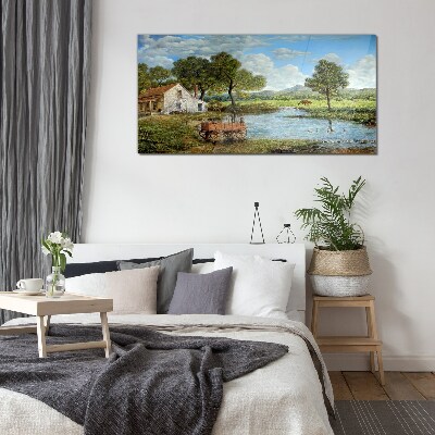 Schilderij op glas Een vredig landelijk landschap met een rivier
