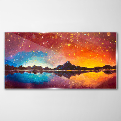 Foto op glas Zonsondergang boven een bergmeer