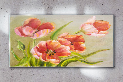 Foto op glas Lentetulpen in pasteltinten