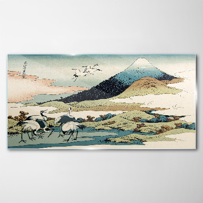 Glas foto Kranen bij een berg