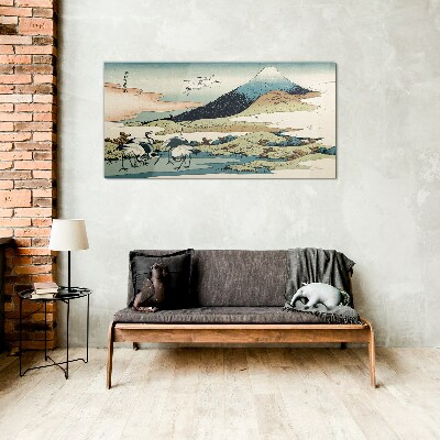 Glas foto Kranen bij een berg