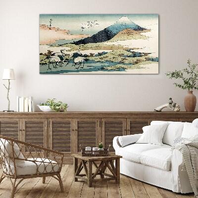 Glas foto Kranen bij een berg