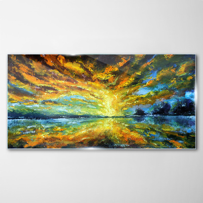 Schilderij op glas Gouden wolken boven kalm water