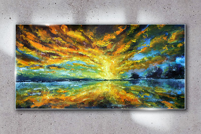 Schilderij op glas Gouden wolken boven kalm water