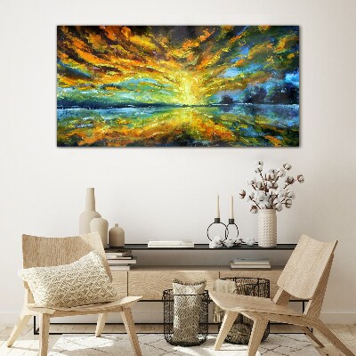 Schilderij op glas Gouden wolken boven kalm water