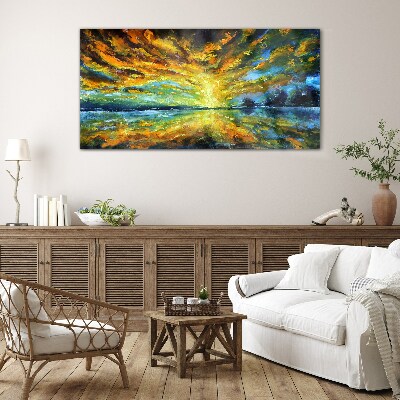 Schilderij op glas Gouden wolken boven kalm water