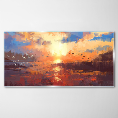 Schilderij op glas Zonsondergang boven een kalm meer