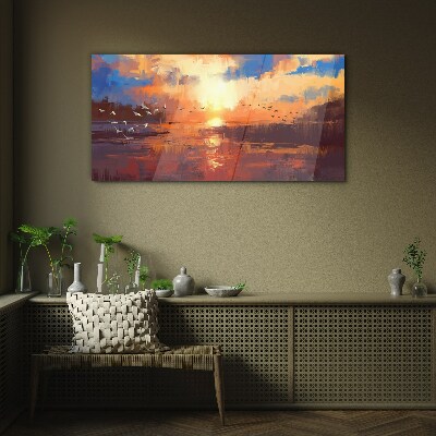 Schilderij op glas Zonsondergang boven een kalm meer