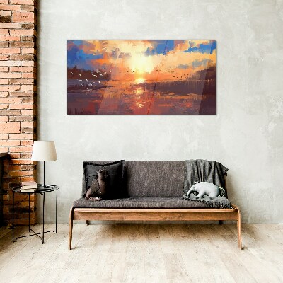 Schilderij op glas Zonsondergang boven een kalm meer