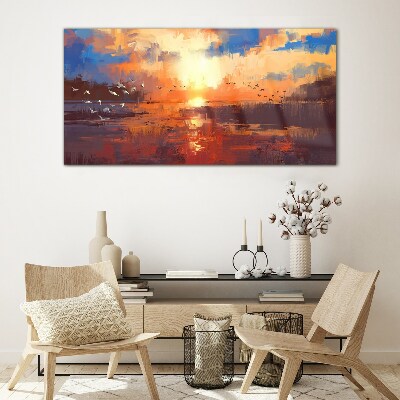 Schilderij op glas Zonsondergang boven een kalm meer