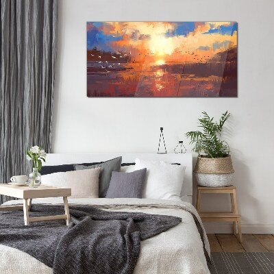 Schilderij op glas Zonsondergang boven een kalm meer