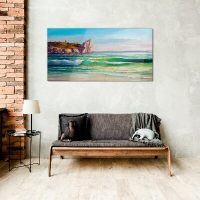 Foto op glas Een golf in groen en blauw