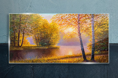 Foto op glas Gouden ochtend aan het meer