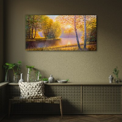 Foto op glas Gouden ochtend aan het meer