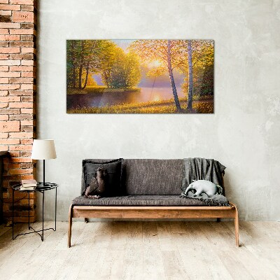 Foto op glas Gouden ochtend aan het meer