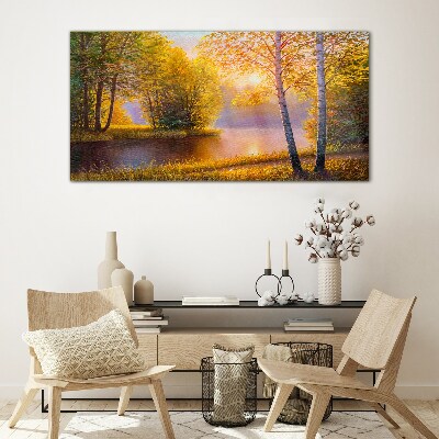 Foto op glas Gouden ochtend aan het meer