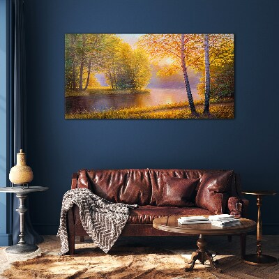 Foto op glas Gouden ochtend aan het meer