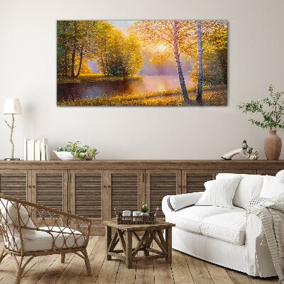 Foto op glas Gouden ochtend aan het meer