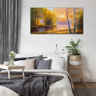 Foto op glas Gouden ochtend aan het meer