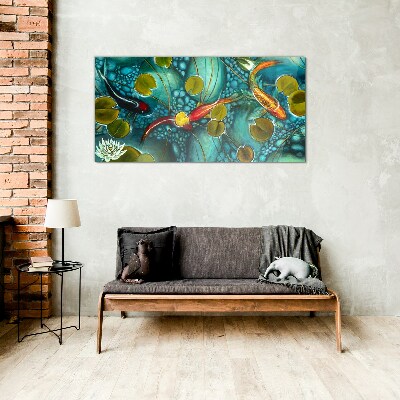 Foto op glas Waterreflecties met vissen en lelies